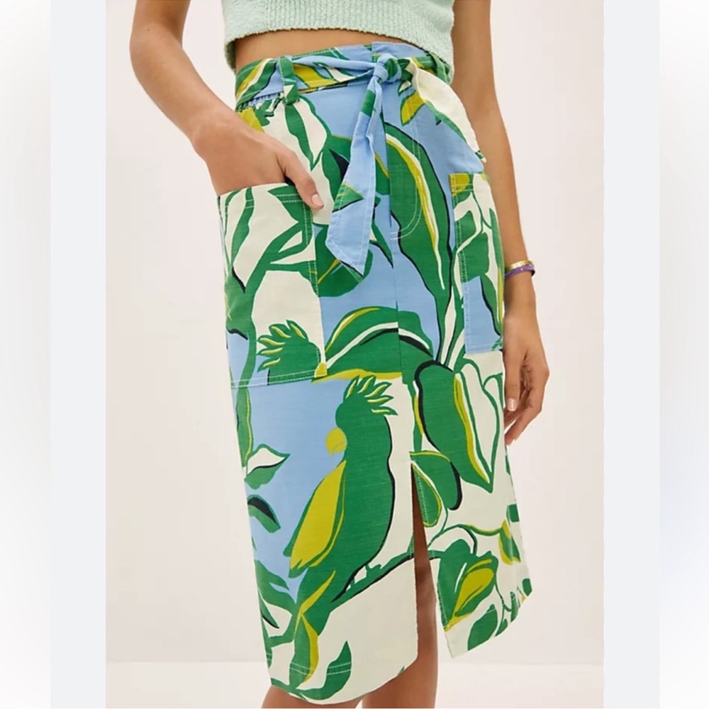 ANTHROPOLOGIE Maeve Souvenir Tropical Green and Blue Midi Skirt